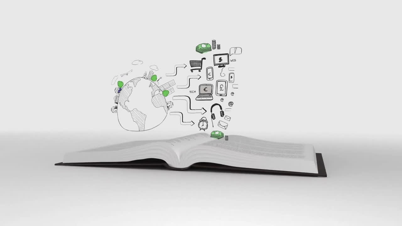 도서 위에 지구를 가진 아이콘으로 연결된 네트워크의 애니메이션