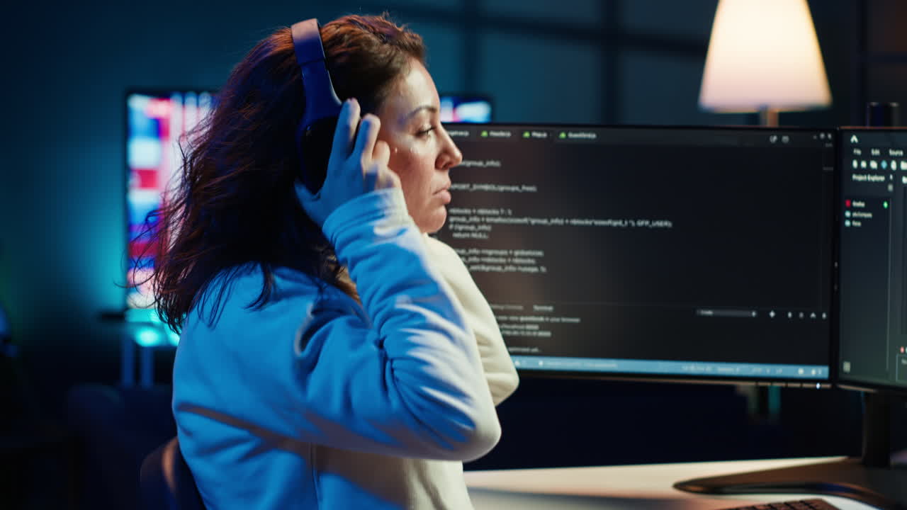 Freelancing programmer listening music while developing software