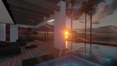 4k video of modern house in luxurious style by the sea or ocean on sunset