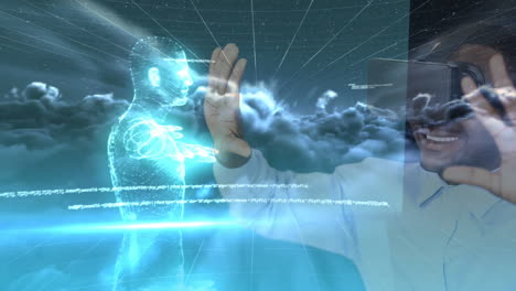 interacting with virtual hologram, person using vr headset in futuristic animation