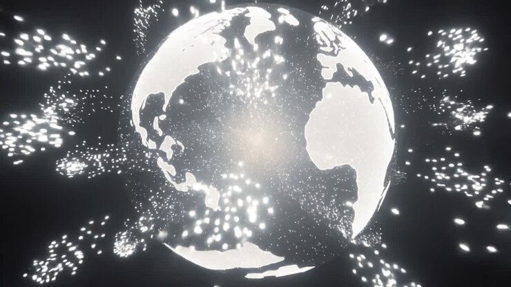 Central glow sparking particles, forming continents and creating rotating data flow globe in void