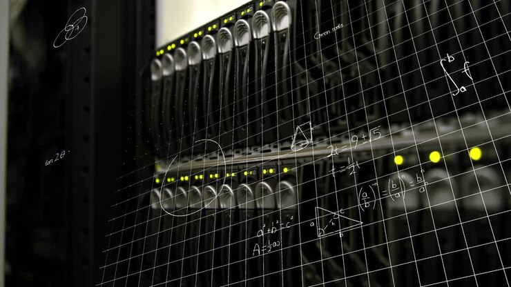 Mathematical equations and diagrams against close of computer servers