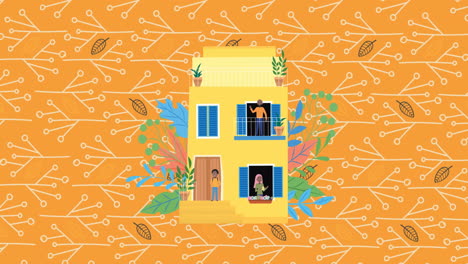 animación de ilustración de padres y hijo felices en casa amarilla, en naranja con ramas y hojas