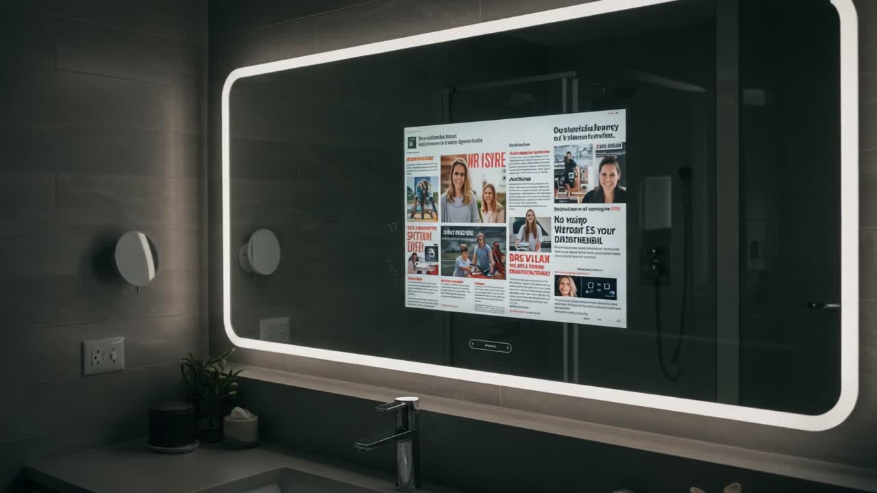 Smart Mirror Displaying News Articles in a Modern Bathroom Setting, Combining Technology and Style for Ultimate Convenience and Information Access