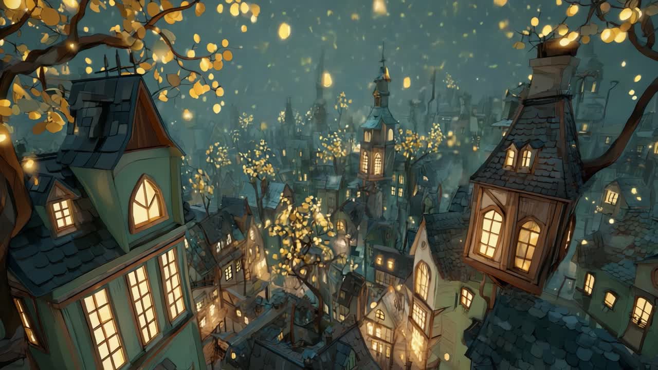 Enchanting Animated Townscape Illuminated by Glowing Lanterns and Autumn Leaves Under a Starry Sky, Portraying a Magical Atmosphere Full of Wonder and Whimsy