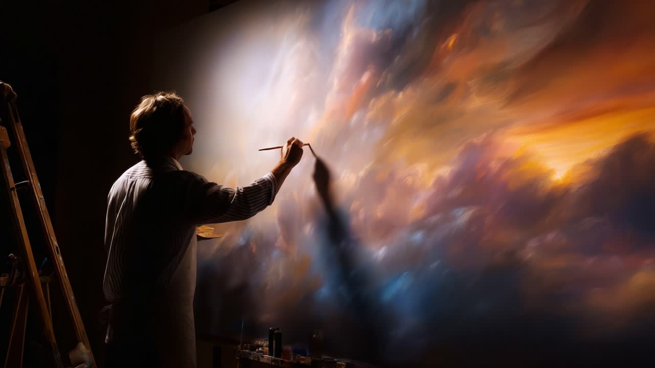 A talented artist passionately capturing the vibrant essence of clouds on canvas, blending colors to create a breathtaking sky filled with dynamic light and texture