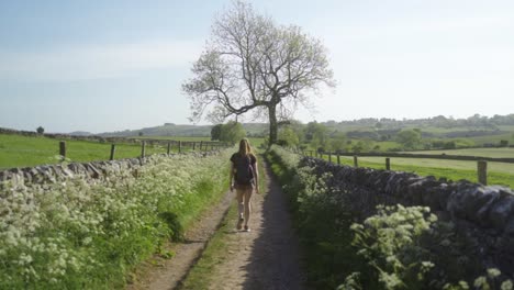 blonde woman with backpack on walking along country track ashbourne, peak district, england