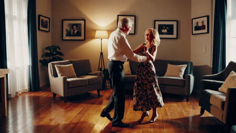 happy mature couple dancing romantically in their living room