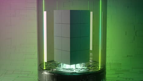 exhibición futurista abstracta con cubos suspendidos