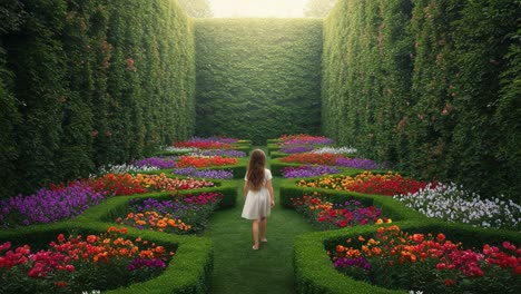 a young girl wanders through an enchanting flower garden surrounded by lush green hedges, capturing the essence of serenity and nature’s vibrant beauty