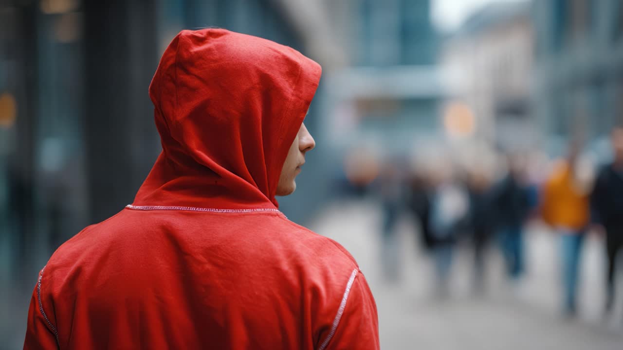 A solitary figure in a red hoodie stands with an air of contemplation, silently observing the bustling crowd around him on a busy urban street