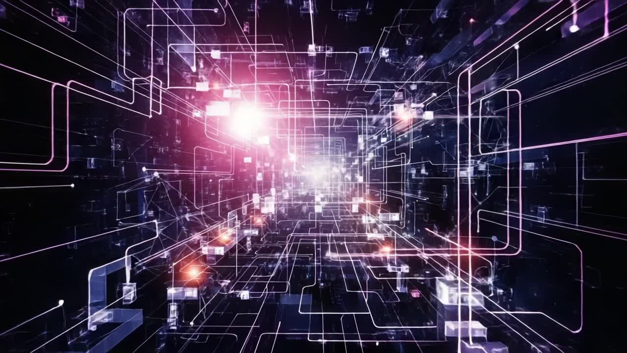 A Stunning Visual Journey Through a High-Tech Digital Landscape Filled with Interconnected Lines and Pulsating Lights Representing Data Flow and Innovation