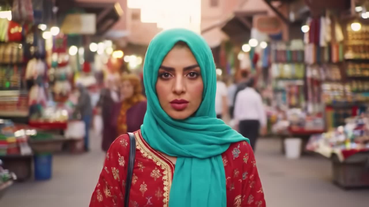 A woman wearing a colorful dress and a turquoise scarf walks confidently through a bustling market filled with various vendors and shoppers.