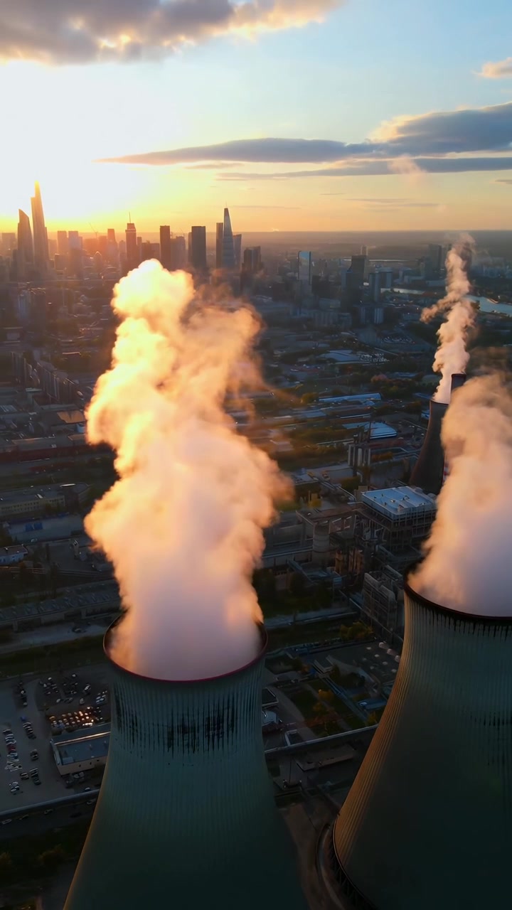 Vista aerea delle torri di raffreddamento di una centrale elettrica al tramonto