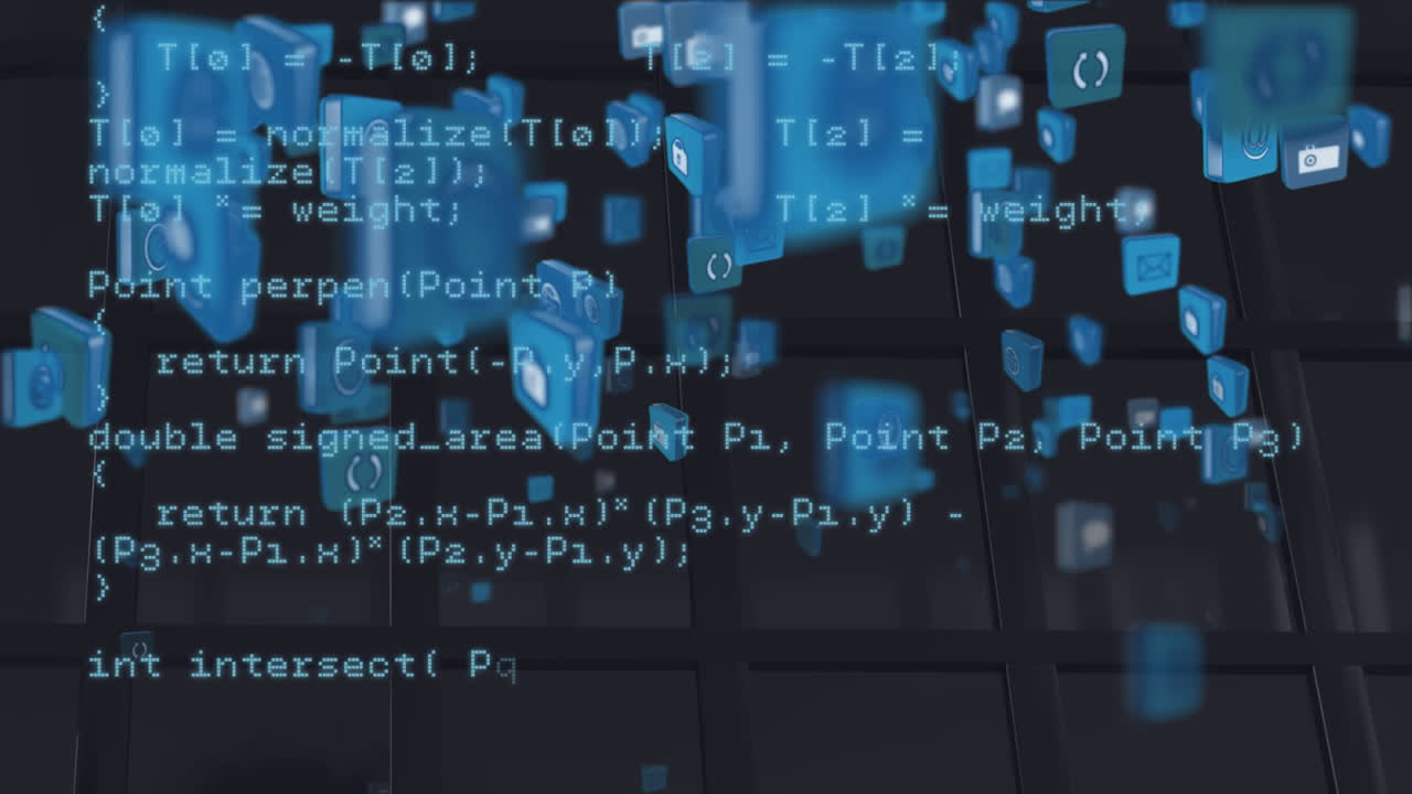 animación de iconos digitales azules y procesamiento de datos sobre edificios modernos