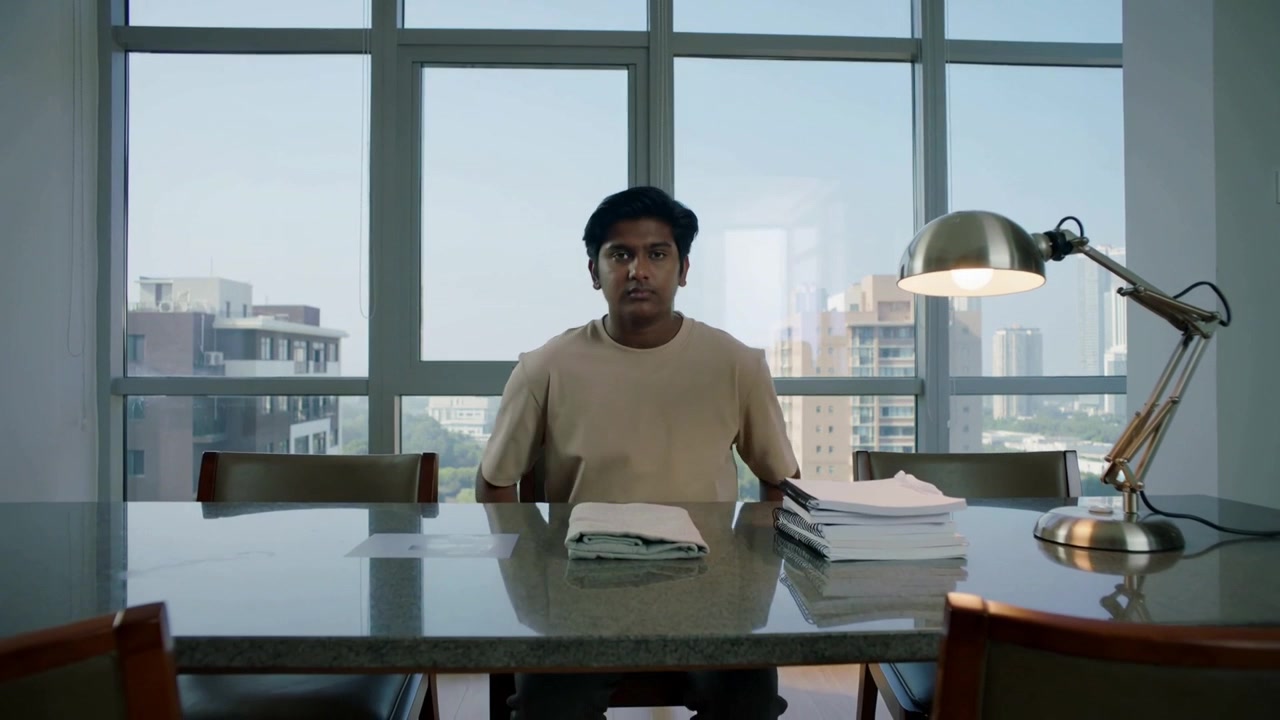 Leaning Indian man in tee placing cloth on table at high-rise apartment shifting papers to organize