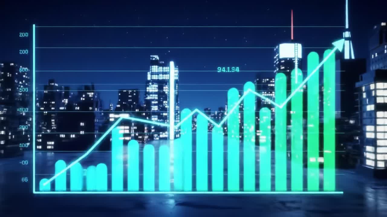 A vivid city skyline is illuminated at night, showcasing tall buildings while colorful graphs display data trends.