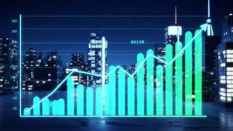 a vivid city skyline is illuminated at night, showcasing tall buildings while colorful graphs display data trends.