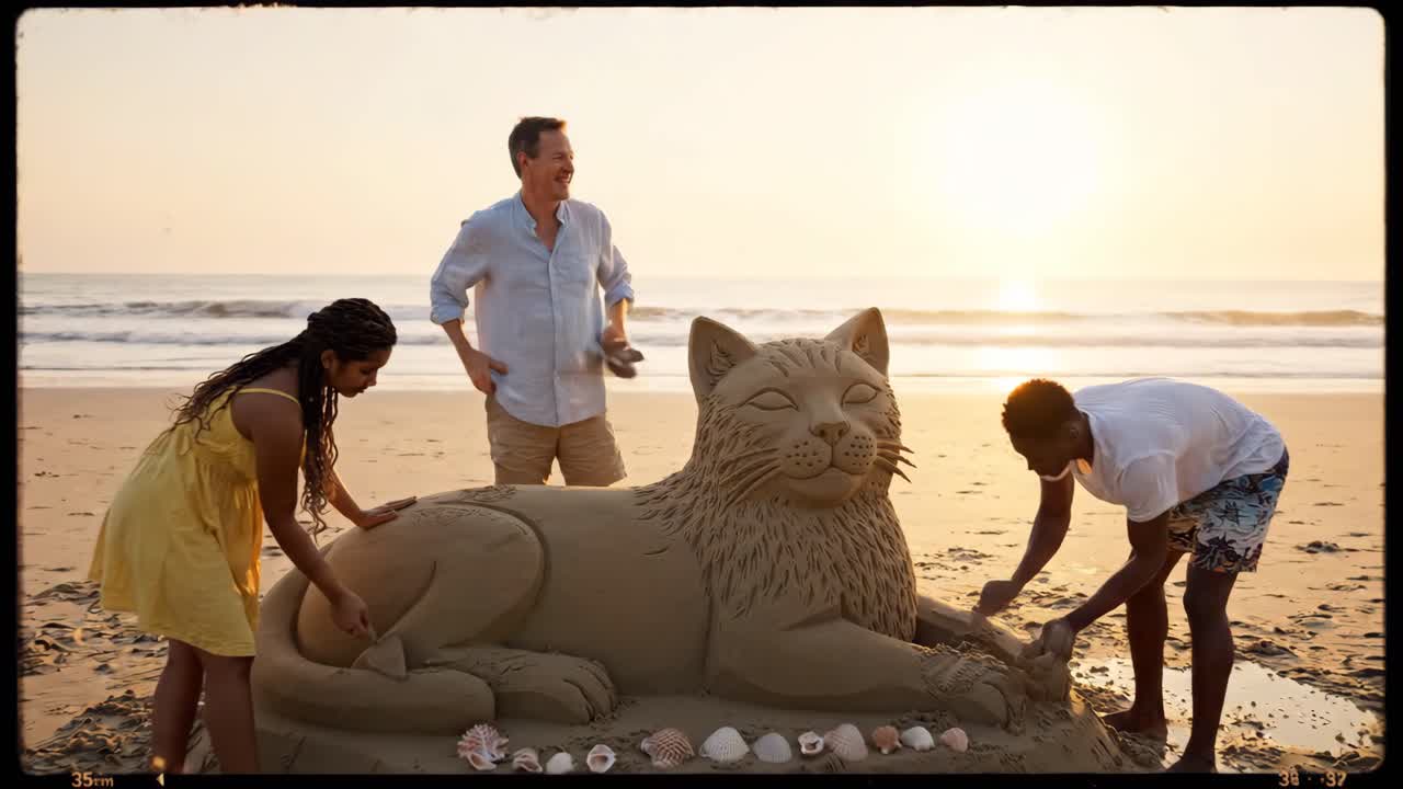 Keluarga Membangun Patung Pasir Kucing Besar di Pantai Saat Matahari Terbenam