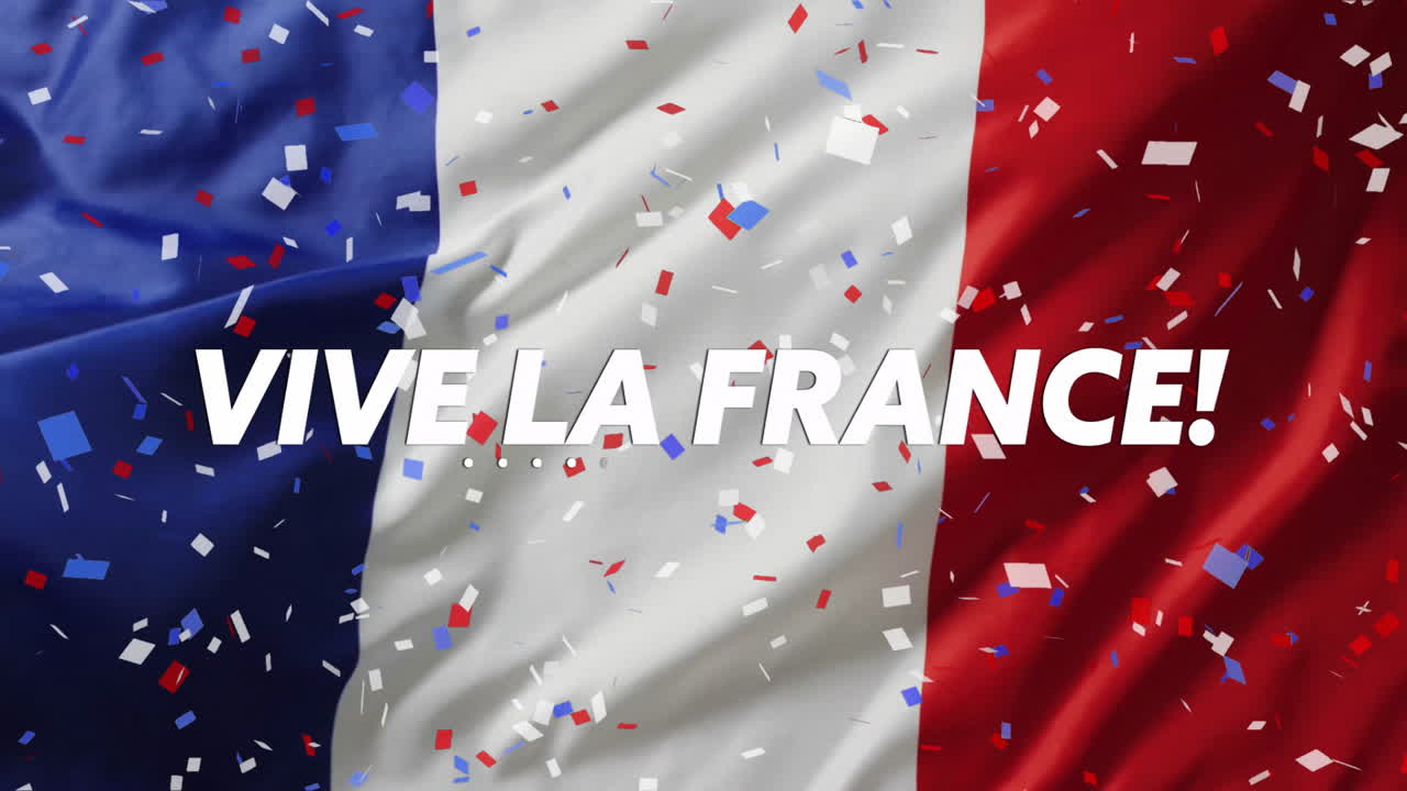 프랑스 발과 함께 vive la france! 텍스트와 떨어지는 콘페티 애니메이션