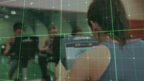 Animation-of-digital-interface-with-squares-over-people-exercising-in-gym