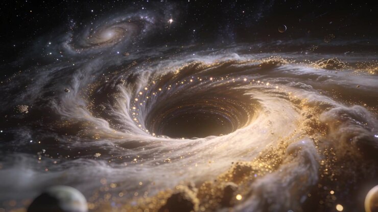 Spinning bright spiral disk with gravity pulling golden dust inward to dark void, planets, galaxy