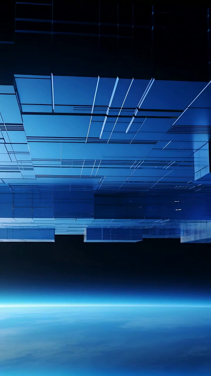 Vertical video: View shifting, moving blue panels revealing depth over planet limb with grid glow