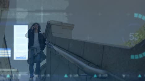 스마트 폰을 사용하는 사람 위의 금융 데이터 처리 애니메이션