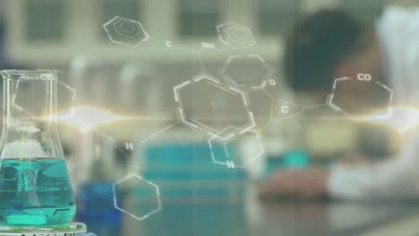 Animation-of-molecule-structures-and-liquid-filled-beaker,-blurred-scientist-working-in-laboratory