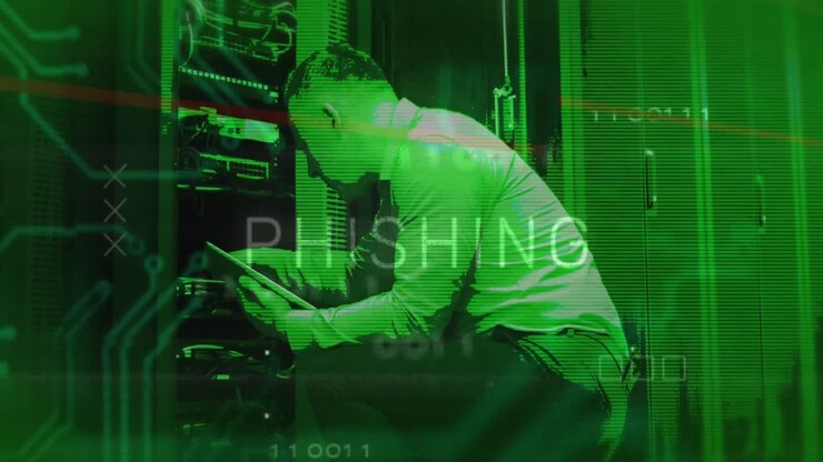 Animazione di elaborazione dati di testo phishing su tecnico caucasico presso server