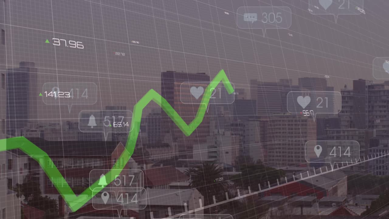 animación de números cambiantes en cajas de mensajes sobre gráfico contra edificios modernos