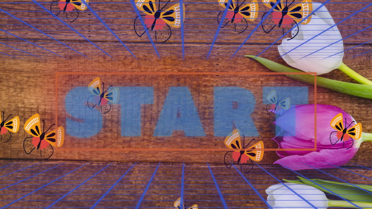 Animation of start in digital abstract space with butterflies and tulips