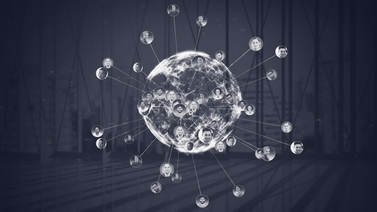 건물 안에서 회전하는 디지털 연결된 글로브