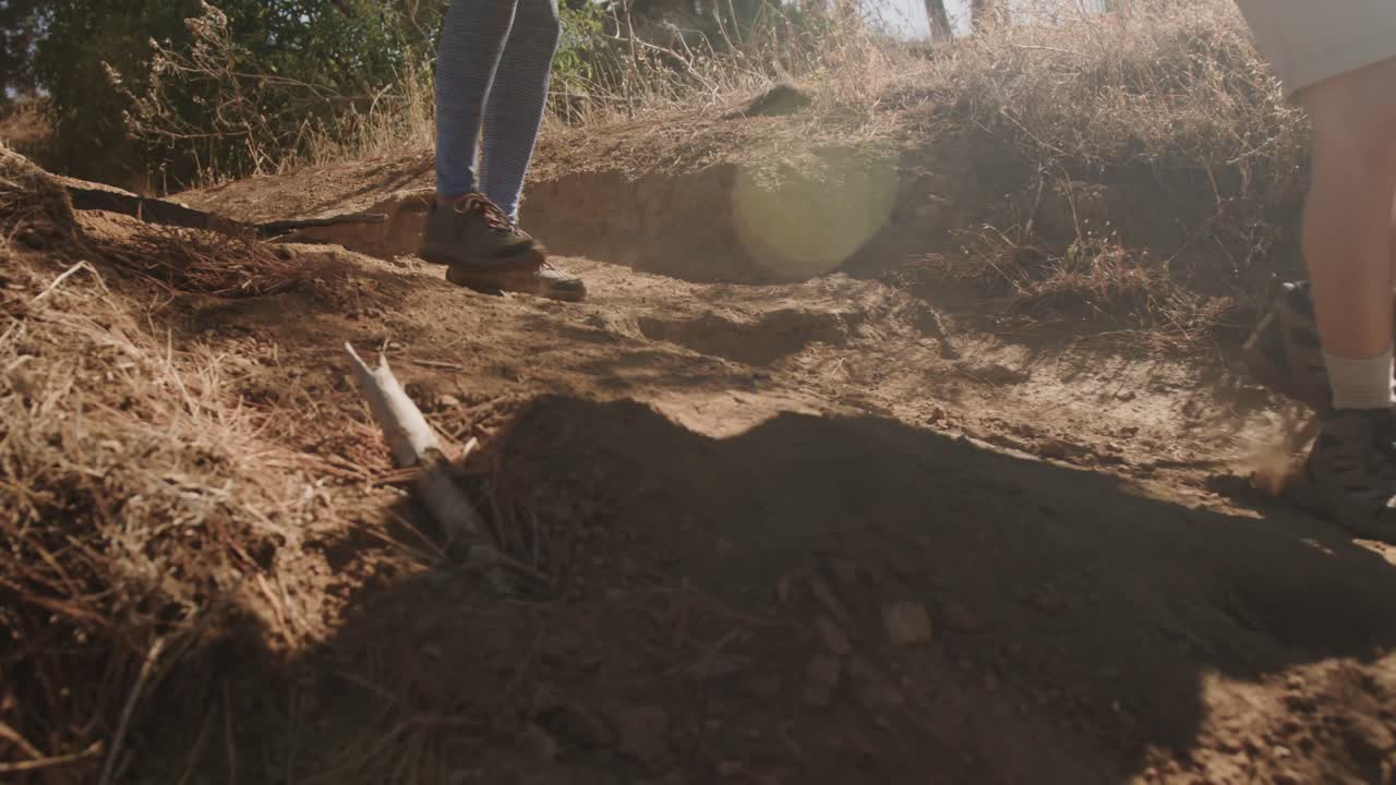 sección baja de una pareja afroamericana caminando en el bosque, cámara lenta