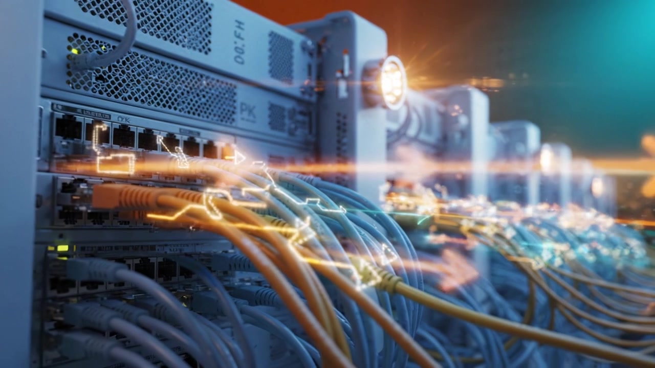 Illuminated Network Servers with Colorful Cables: A Close-Up of Data Center Technology Showcasing Connectivity and Advanced Infrastructure