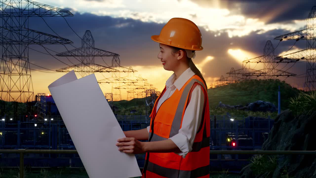 ingeniera revisando planos en una planta de energía al atardecer