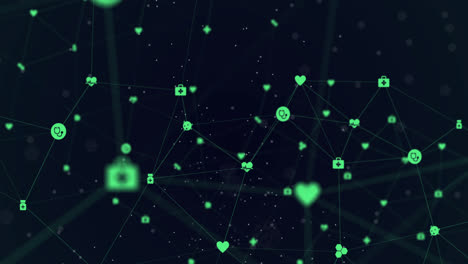 animation of digital interface and network of connections with green icons on black background