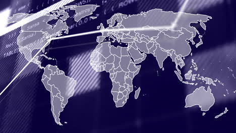 animation of network of connections over world map and data processing