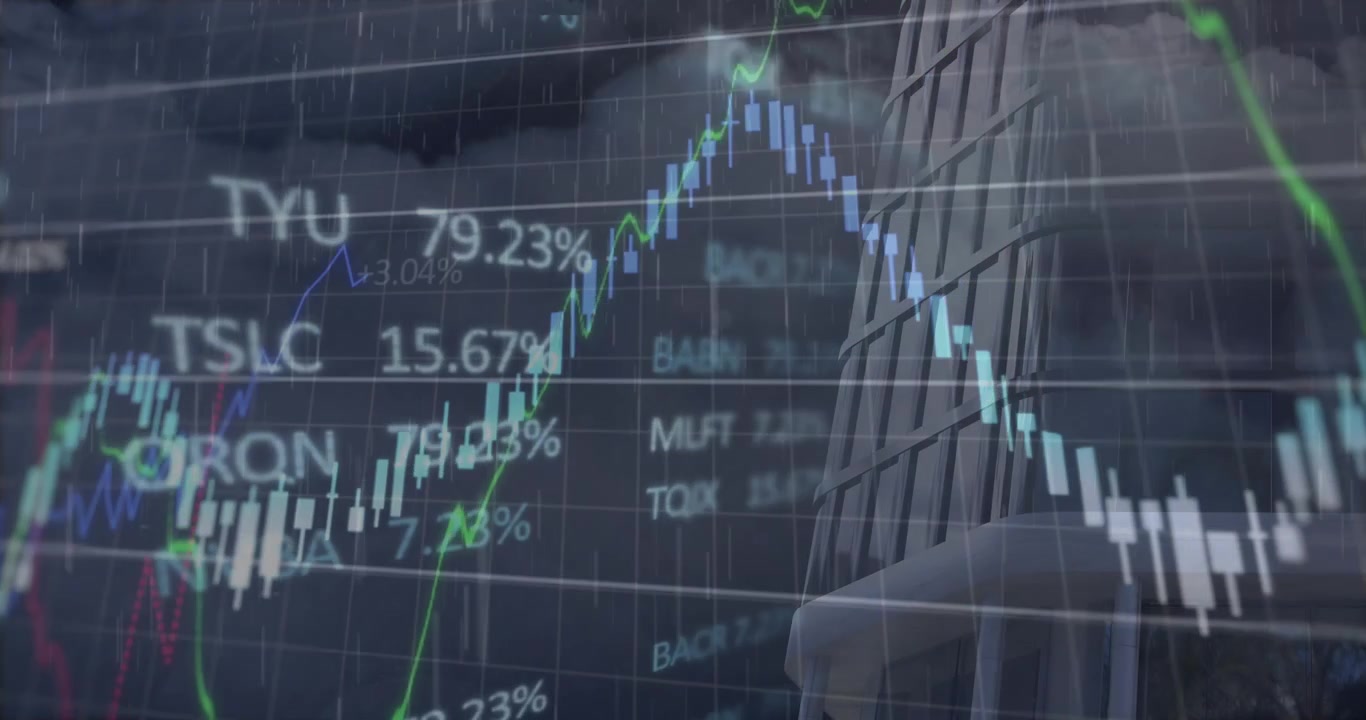 Animasjon av finansielle data og grafer over bybildet