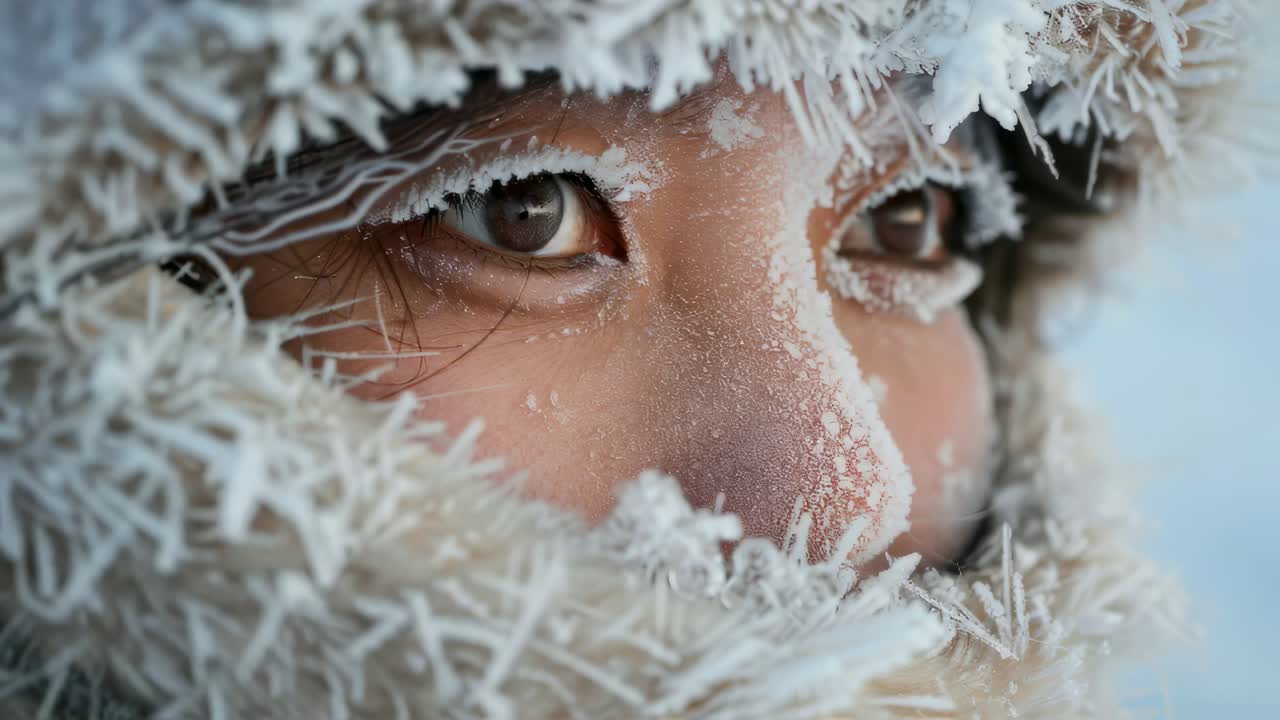 Arctic explorer weathering subzero temperatures, icy crystals accumulating on rugged face, protective gear reflecting endurance within unforgiving polar landscape