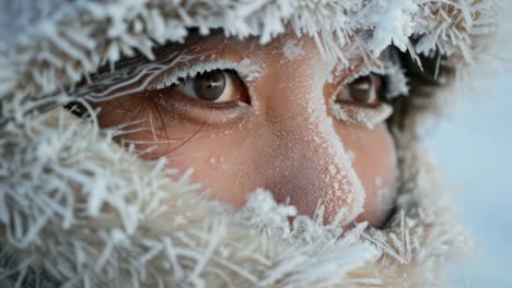 arctic explorer weathering subzero temperatures, icy crystals accumulating on rugged face, protective gear reflecting endurance within unforgiving polar landscape