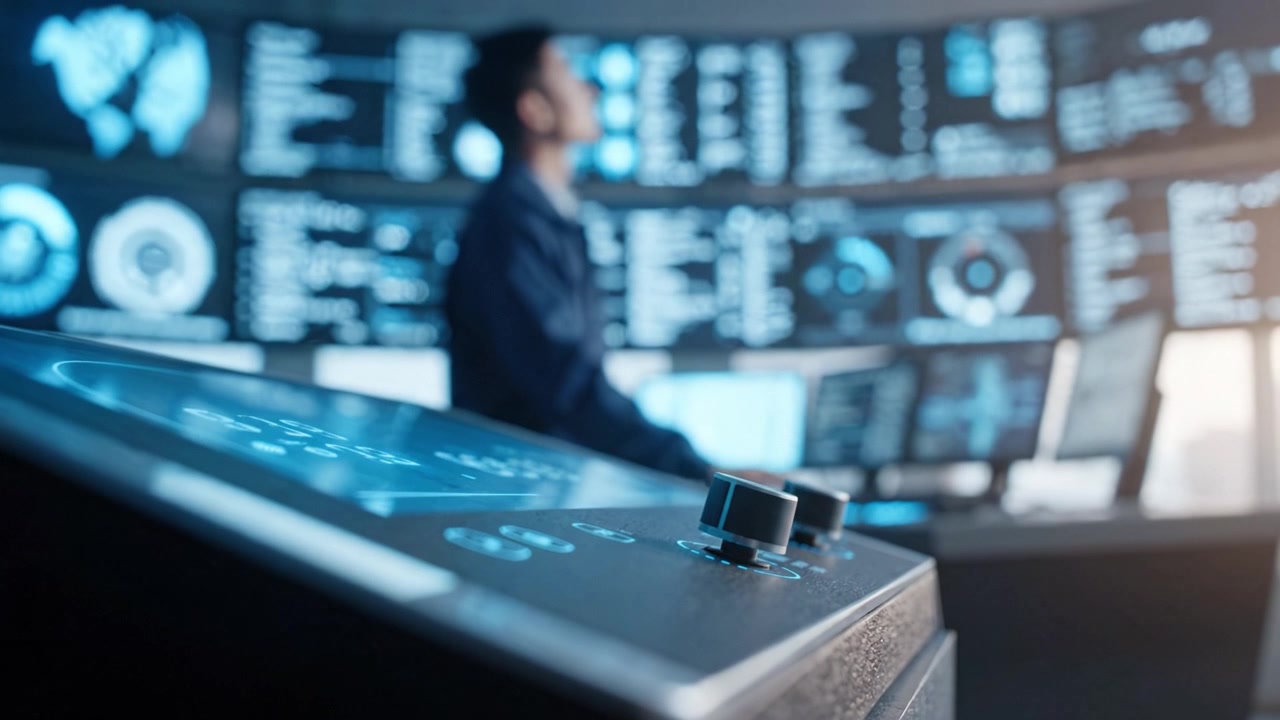 Advanced Control Room with High-tech Displays and Controls for Data Monitoring and Analysis, Highlighting Automation and System Management in Modern Applications