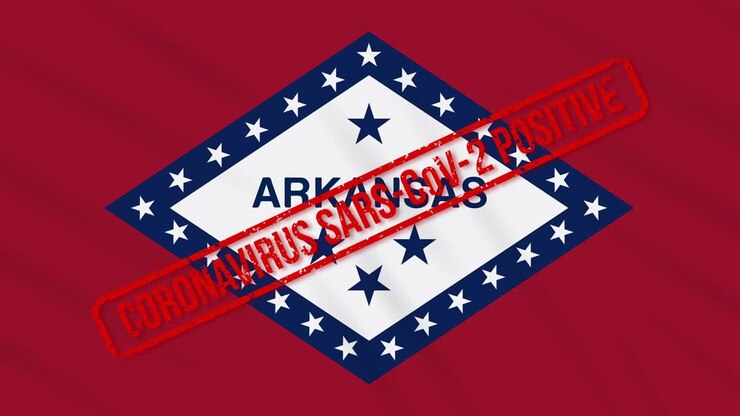 Arkansas US state swaying flag stamped with positive response to COVID-19, loop