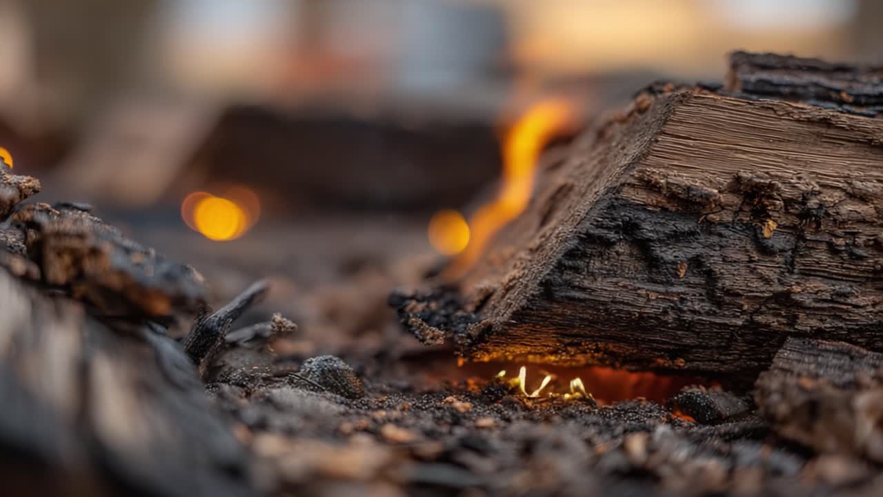 Close-Up of Smoldering Wood with Glowing Embers: Captivating Detail of Firewood in a Nightly Campfire Setting Highlighting the Beauty of Burning Logs