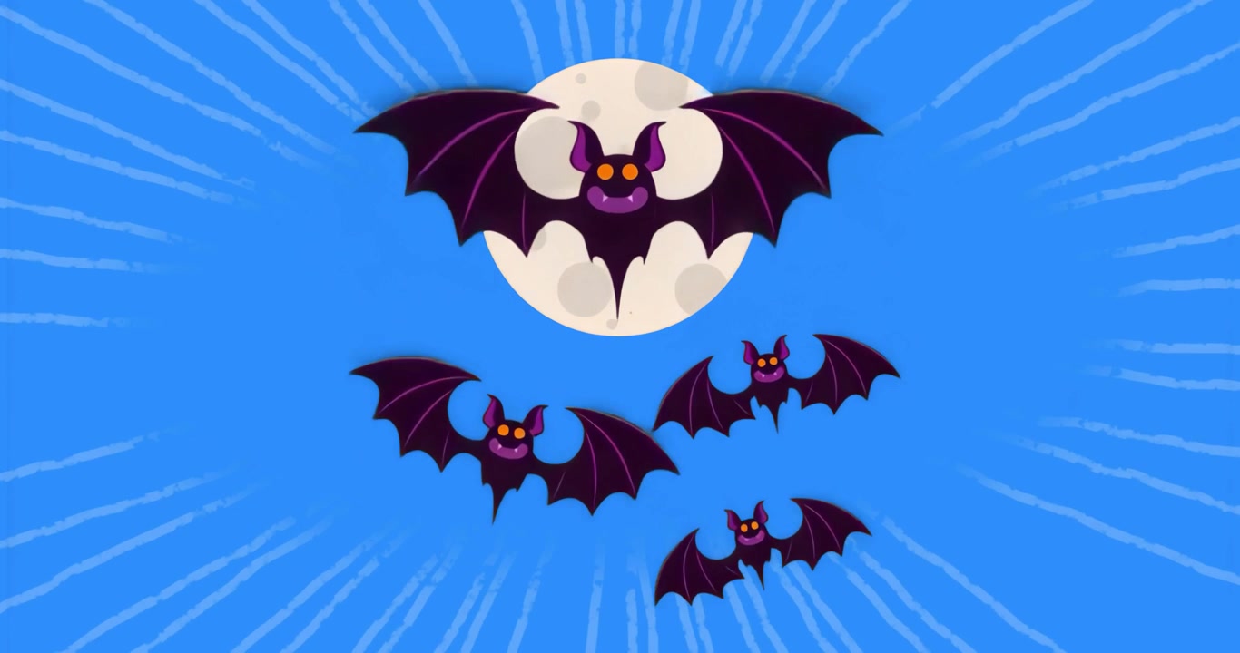 La comparsa della luna innesca un pipistrello viola che estende le ali e sbatte, con pipistrelli più piccoli che formano un anello