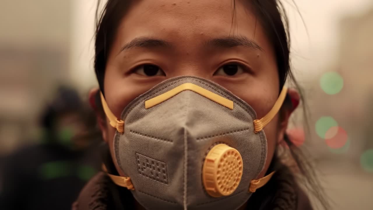 Focused Portrait of Individual Wearing Protective Mask in Urban Environment, Emphasizing Safety Amidst Haziness and Air Quality Concerns