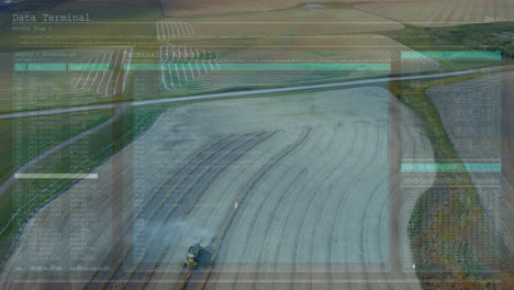 combine harvester moving across striped fields, interface overlay showing code dumps