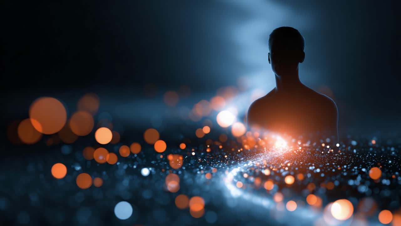 A mesmerizing play of light and shadow surrounds a silhouetted figure against a backdrop of swirling particles, evoking a sense of profound introspection and wonder