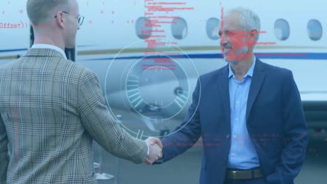 Animation-of-scopes-and-data-processing-over-caucasian-businessmen-shaking-hands-and-airplane