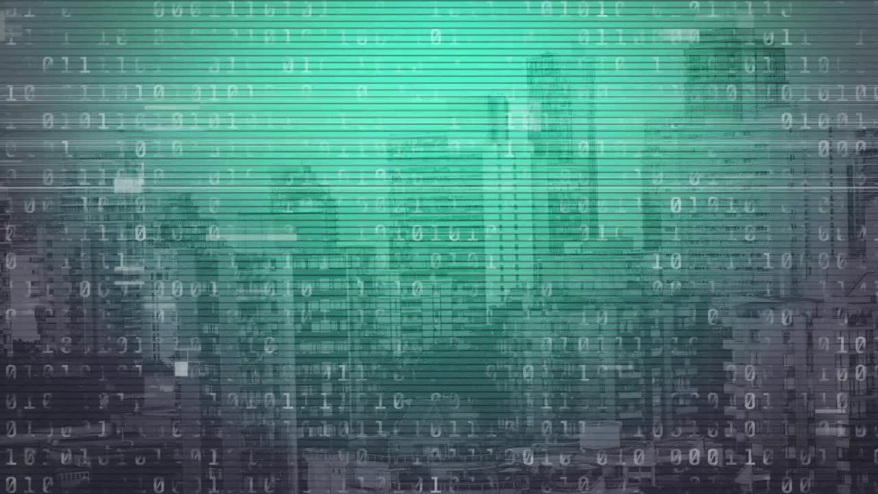 Animation of binary data processing on green lined screen over modern cityscape
